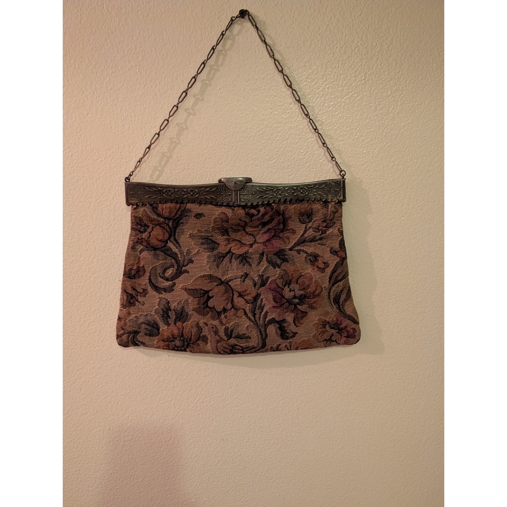 Antique French 1920 Art Deco Floral Tapestry Purse Silver Metal Hinged Frame 11"